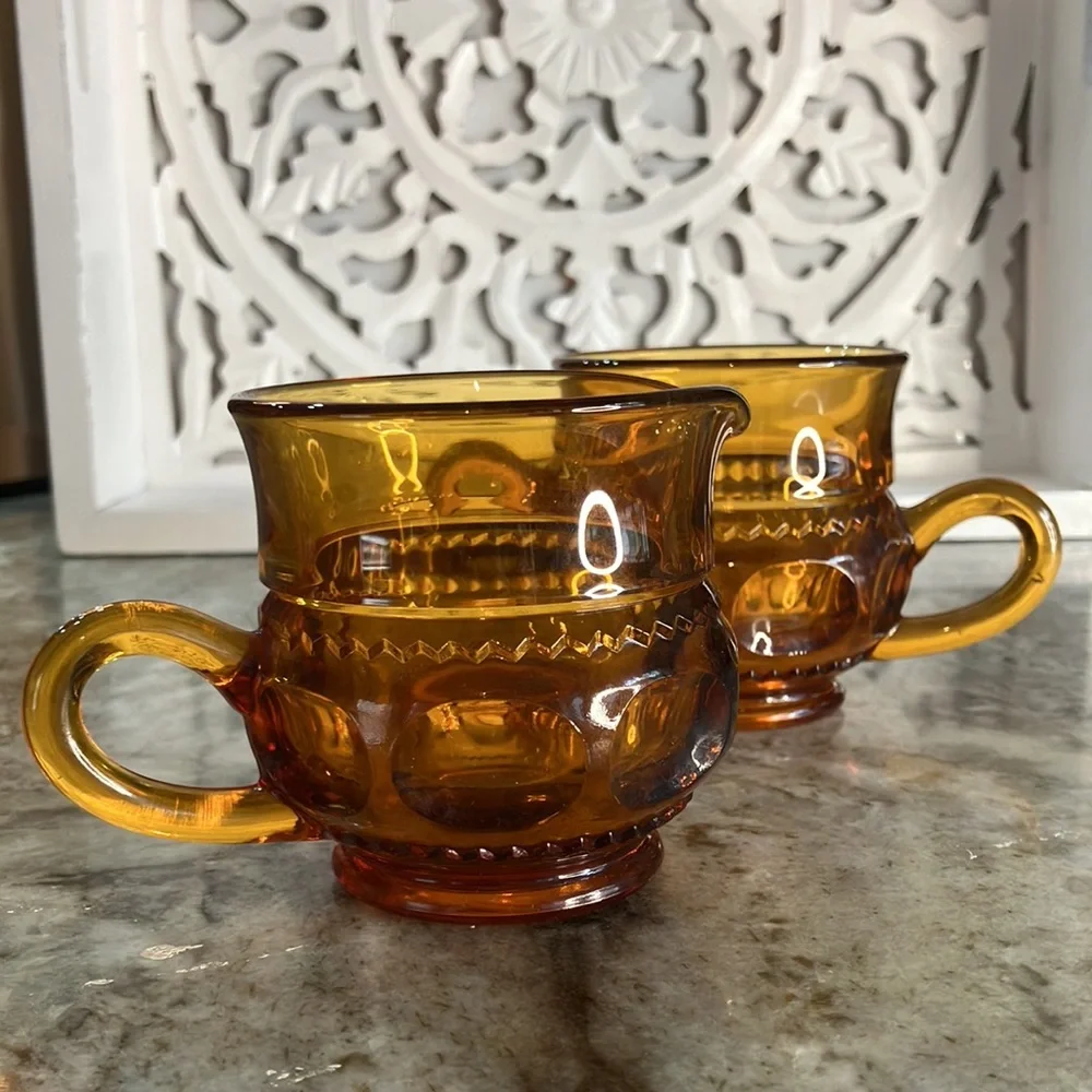 Vintage Amber Glass Sugar Bowl Creamer Set